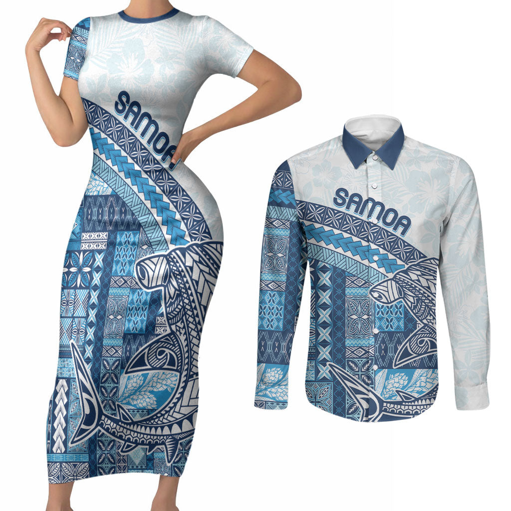 Samoa Mamanu Siapo Royal Blue Couples Matching Short Sleeve Bodycon Dress and Long Sleeve Button Shirt Tatau Malie LT7 Royal Blue - Polynesian Pride
