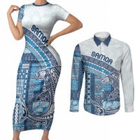 Samoa Mamanu Siapo Royal Blue Couples Matching Short Sleeve Bodycon Dress and Long Sleeve Button Shirt Tatau Malie LT7 Royal Blue - Polynesian Pride