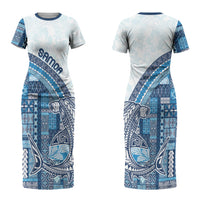 Samoa Mamanu Siapo Royal Blue Couples Matching Short Sleeve Bodycon Dress and Long Sleeve Button Shirt Tatau Malie LT7 - Polynesian Pride