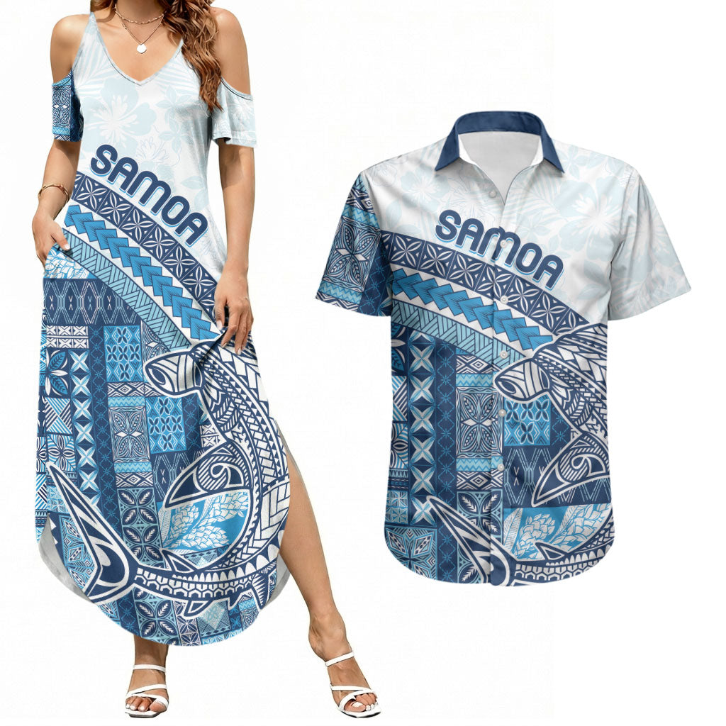 Samoa Mamanu Siapo Royal Blue Couples Matching Summer Maxi Dress and Hawaiian Shirt Tatau Malie LT7 Royal Blue - Polynesian Pride