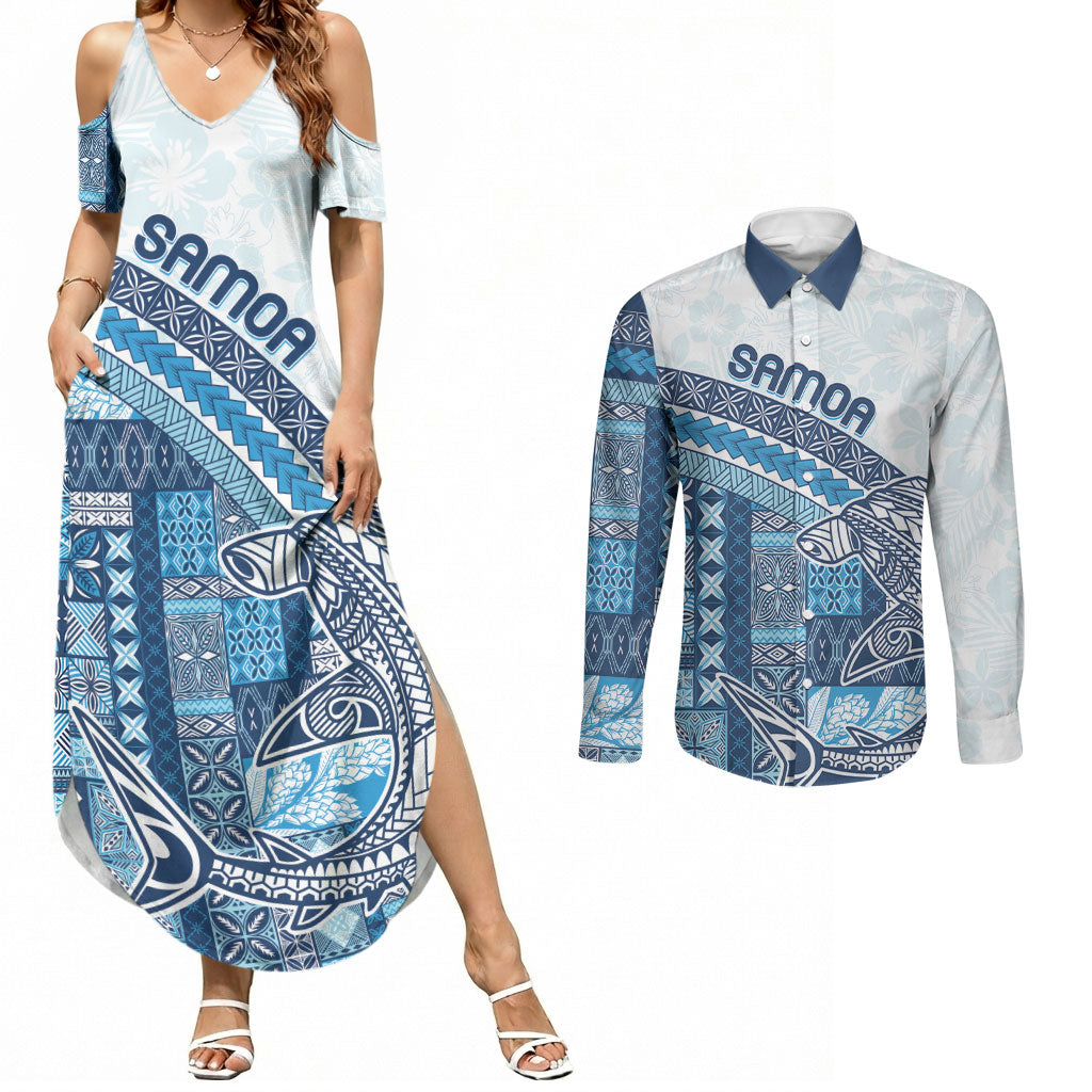 Samoa Mamanu Siapo Royal Blue Couples Matching Summer Maxi Dress and Long Sleeve Button Shirt Tatau Malie LT7 Royal Blue - Polynesian Pride