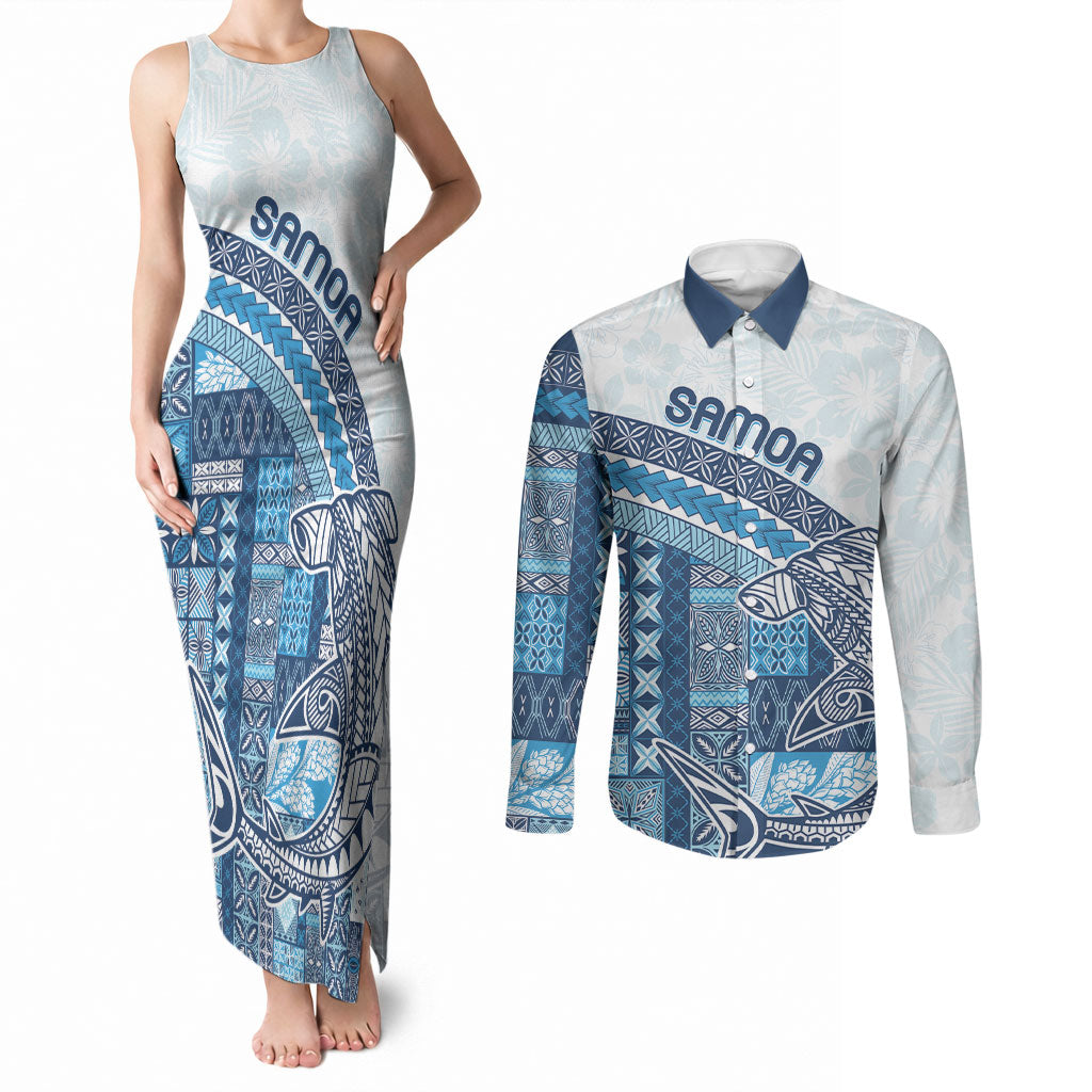 Samoa Mamanu Siapo Royal Blue Couples Matching Tank Maxi Dress and Long Sleeve Button Shirt Tatau Malie LT7 Royal Blue - Polynesian Pride