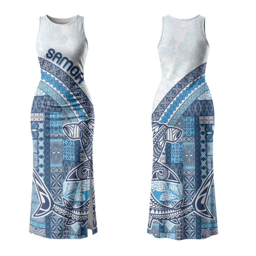 Samoa Mamanu Siapo Royal Blue Couples Matching Tank Maxi Dress and Long Sleeve Button Shirt Tatau Malie LT7 - Polynesian Pride