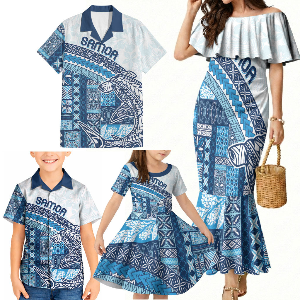 Samoa Mamanu Siapo Royal Blue Family Matching Mermaid Dress and Hawaiian Shirt Tatau Malie LT7 - Polynesian Pride
