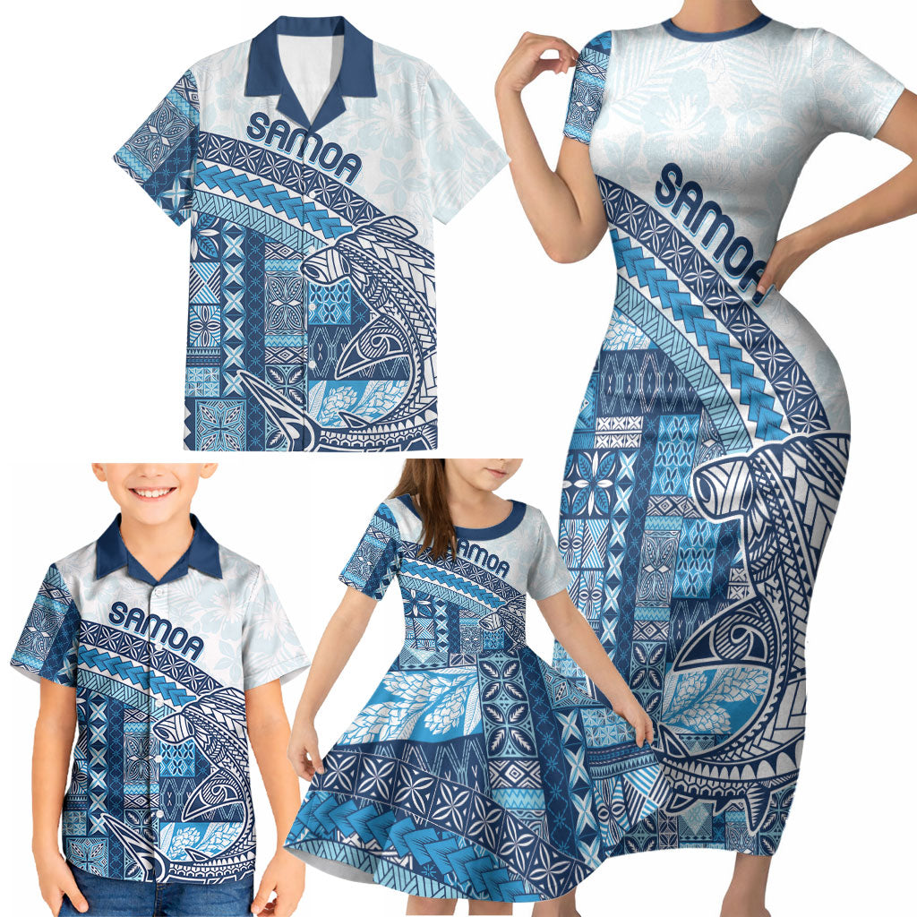 Samoa Mamanu Siapo Royal Blue Family Matching Short Sleeve Bodycon Dress and Hawaiian Shirt Tatau Malie LT7 - Polynesian Pride