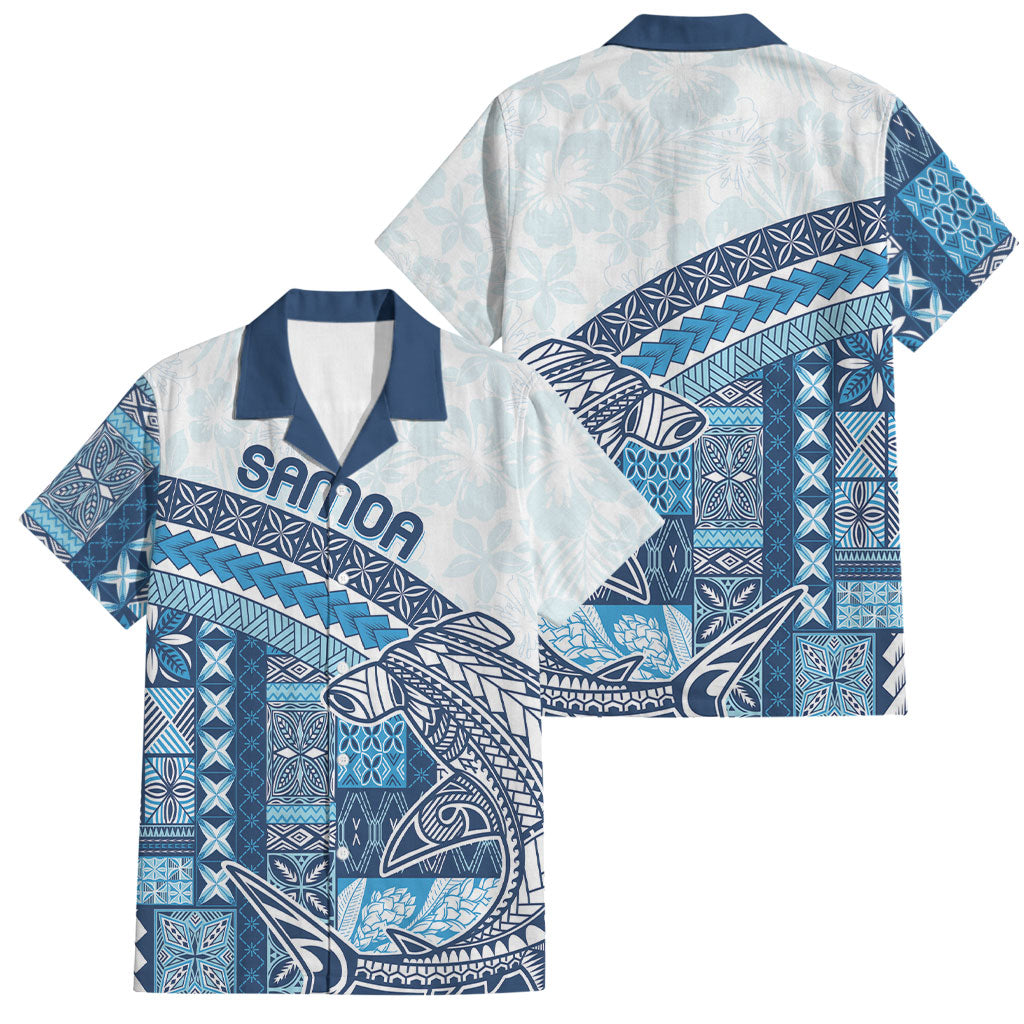 Samoa Mamanu Siapo Royal Blue Family Matching Short Sleeve Bodycon Dress and Hawaiian Shirt Tatau Malie LT7 Dad's Shirt - Short Sleeve Royal Blue - Polynesian Pride