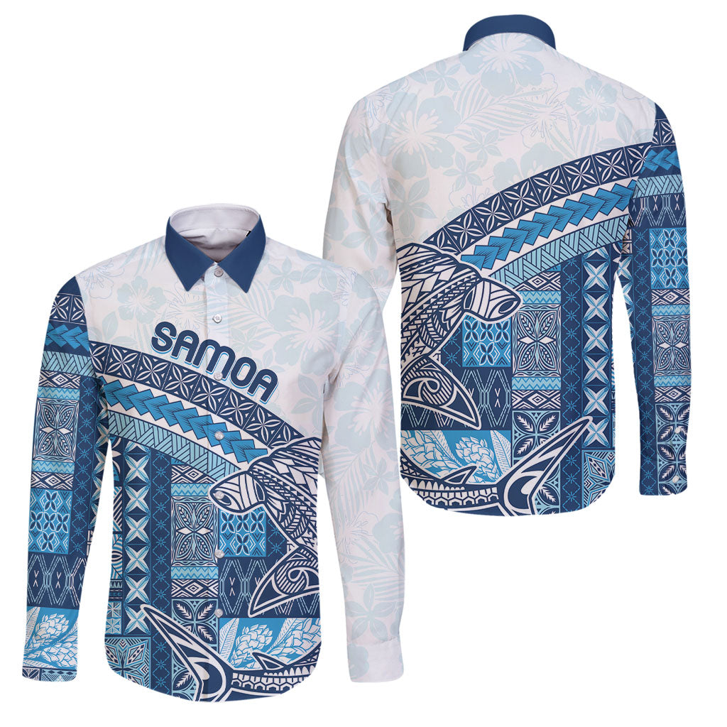 Samoa Mamanu Siapo Royal Blue Family Matching Short Sleeve Bodycon Dress and Hawaiian Shirt Tatau Malie LT7 Dad's Shirt - Long Sleeve Royal Blue - Polynesian Pride