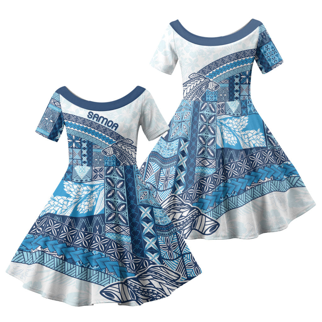 Samoa Mamanu Siapo Royal Blue Family Matching Short Sleeve Bodycon Dress and Hawaiian Shirt Tatau Malie LT7 Daughter's Dress Royal Blue - Polynesian Pride