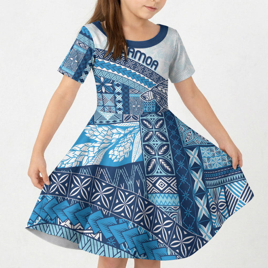 Samoa Mamanu Siapo Royal Blue Kid Short Sleeve Dress Tatau Malie LT7 KID Royal Blue - Polynesian Pride