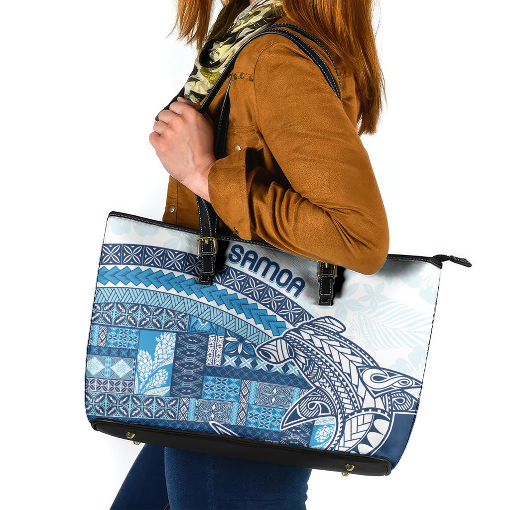 Samoa Mamanu Siapo Royal Blue Leather Tote Bag Tatau Malie LT7 Royal Blue - Polynesian Pride