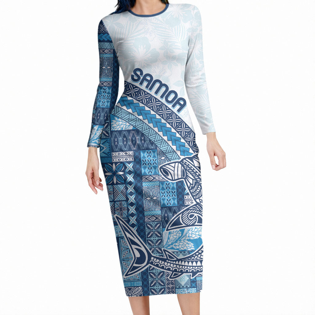 Samoa Mamanu Siapo Royal Blue Long Sleeve Bodycon Dress Tatau Malie LT7 Long Dress Royal Blue - Polynesian Pride