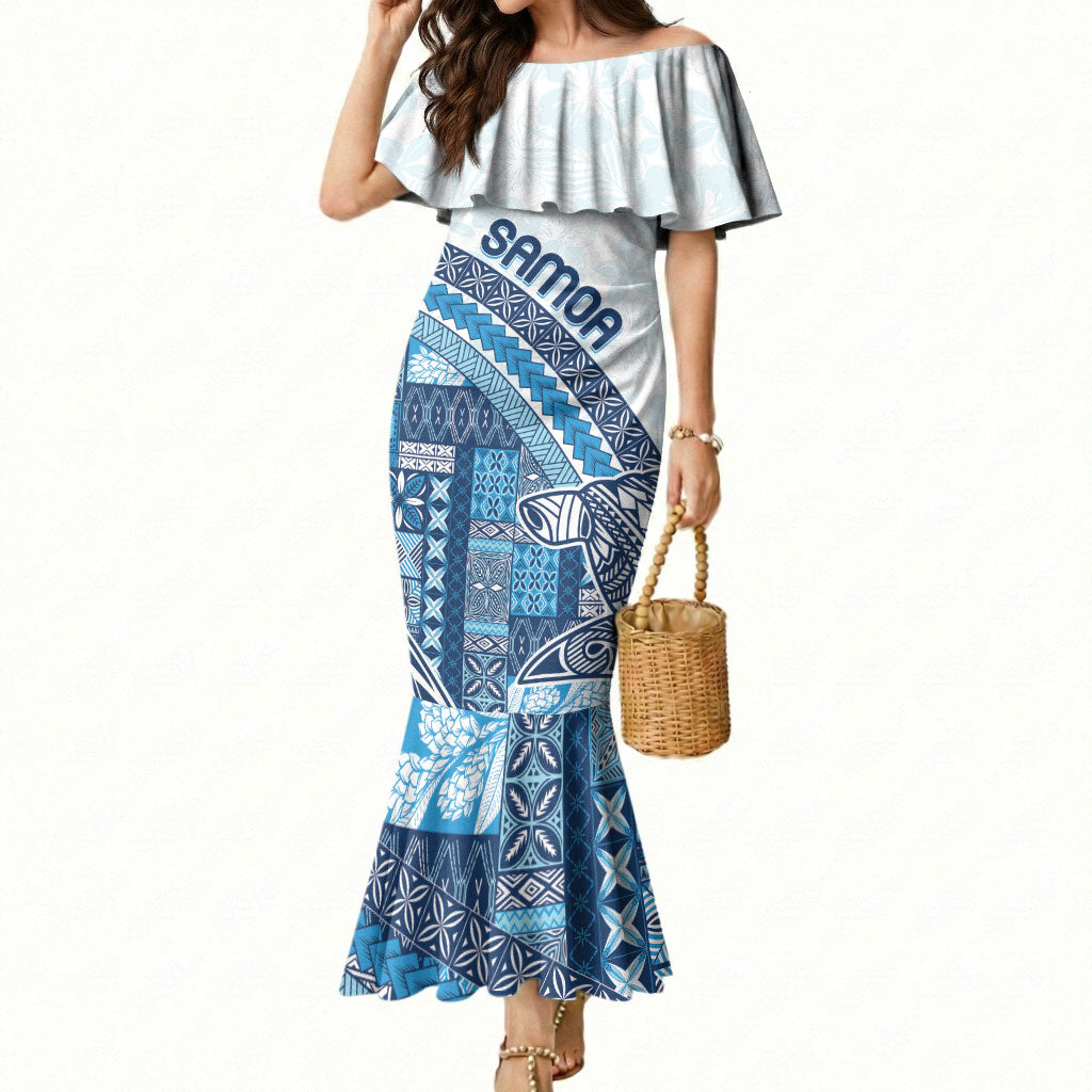 Samoa Mamanu Siapo Royal Blue Mermaid Dress Tatau Malie LT7 Women Royal Blue - Polynesian Pride