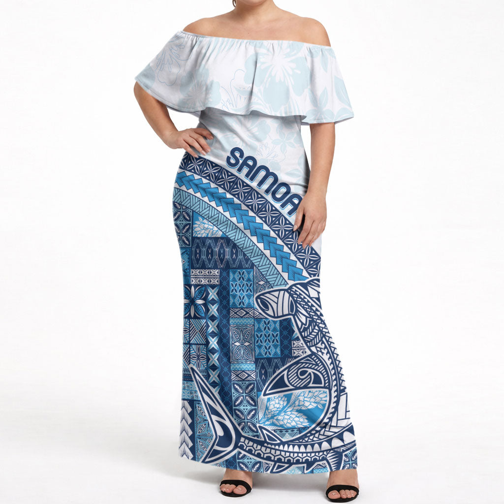 Samoa Mamanu Siapo Royal Blue Off Shoulder Maxi Dress Tatau Malie LT7 Women Royal Blue - Polynesian Pride