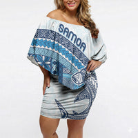 Samoa Mamanu Siapo Royal Blue Off Shoulder Short Dress Tatau Malie LT7 Women Royal Blue - Polynesian Pride