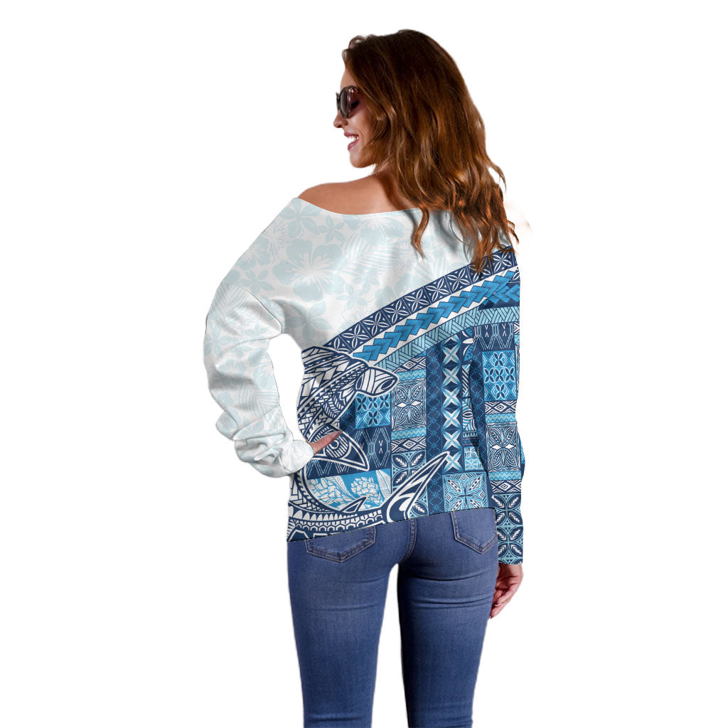 Samoa Mamanu Siapo Royal Blue Off Shoulder Sweater Tatau Malie LT7 - Polynesian Pride