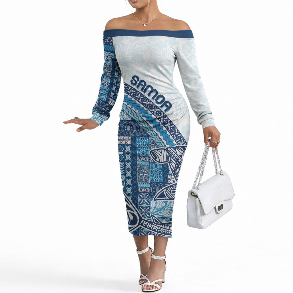Samoa Mamanu Siapo Royal Blue Off The Shoulder Long Sleeve Dress Tatau Malie LT7 Women Royal Blue - Polynesian Pride