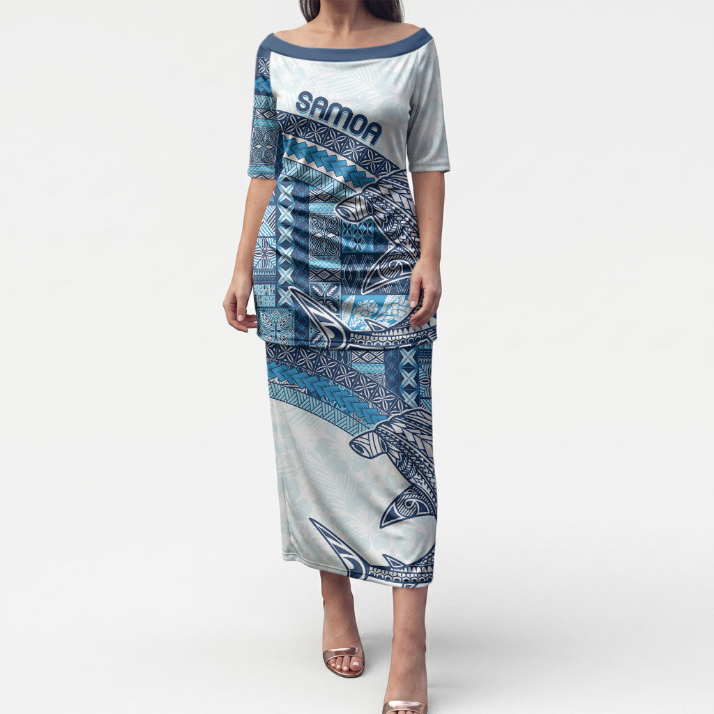 Samoa Mamanu Siapo Royal Blue Puletasi Tatau Malie LT7 Long Dress Royal Blue - Polynesian Pride