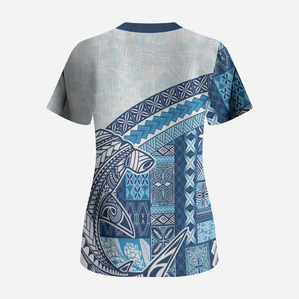 Samoa Mamanu Siapo Royal Blue Scrub Top Tatau Malie LT7 - Polynesian Pride