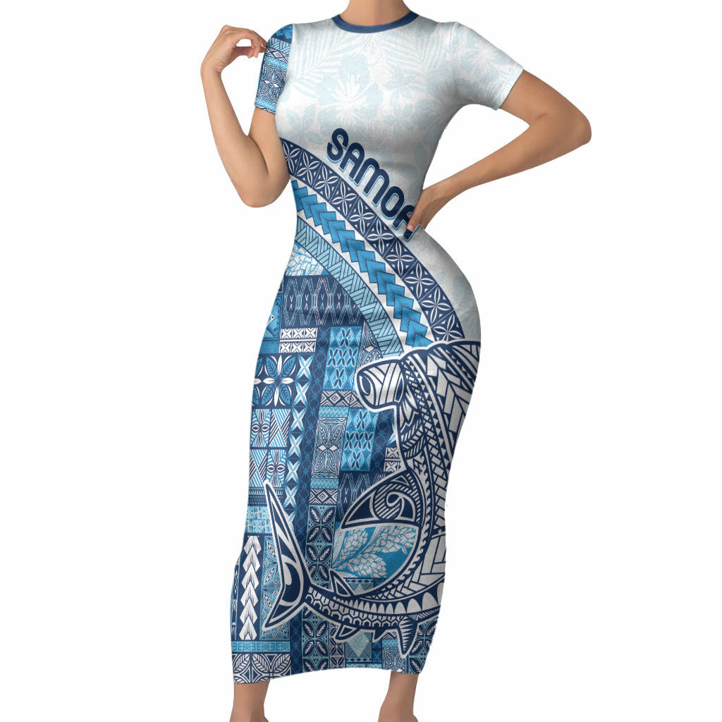 Samoa Mamanu Siapo Royal Blue Short Sleeve Bodycon Dress Tatau Malie LT7 Long Dress Royal Blue - Polynesian Pride