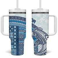 Samoa Mamanu Siapo Royal Blue Tumbler With Handle Tatau Malie LT7 One Size: 40 oz Royal Blue - Polynesian Pride