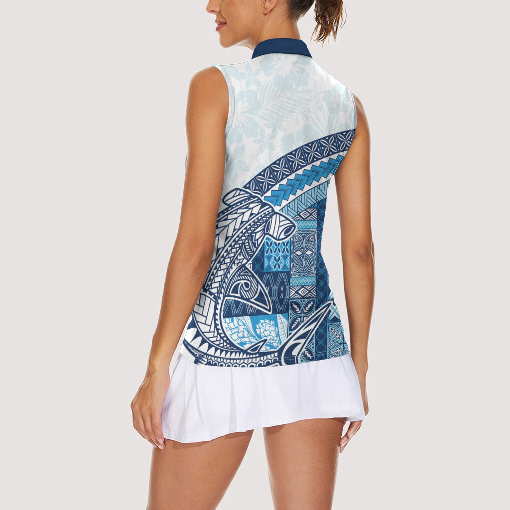 Samoa Mamanu Siapo Royal Blue Women Sleeveless Polo Shirt Tatau Malie LT7 - Polynesian Pride