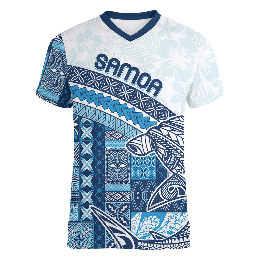 Samoa Mamanu Siapo Royal Blue Women V-Neck T-Shirt Tatau Malie LT7 Female Royal Blue - Polynesian Pride