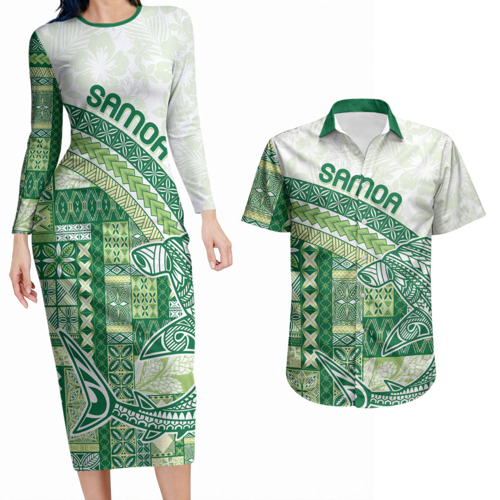 Samoa Mamanu Siapo Forest Green Couples Matching Long Sleeve Bodycon Dress and Hawaiian Shirt Tatau Malie LT7 Forest Green - Polynesian Pride