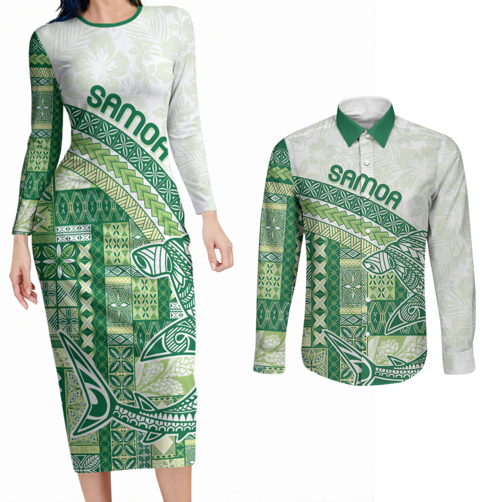 Samoa Mamanu Siapo Forest Green Couples Matching Long Sleeve Bodycon Dress and Long Sleeve Button Shirt Tatau Malie LT7 Forest Green - Polynesian Pride