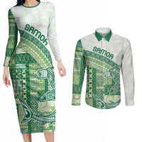 Samoa Mamanu Siapo Forest Green Couples Matching Long Sleeve Bodycon Dress and Long Sleeve Button Shirt Tatau Malie LT7 Forest Green - Polynesian Pride