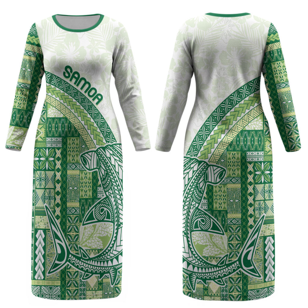 Samoa Mamanu Siapo Forest Green Couples Matching Long Sleeve Bodycon Dress and Long Sleeve Button Shirt Tatau Malie LT7 - Polynesian Pride