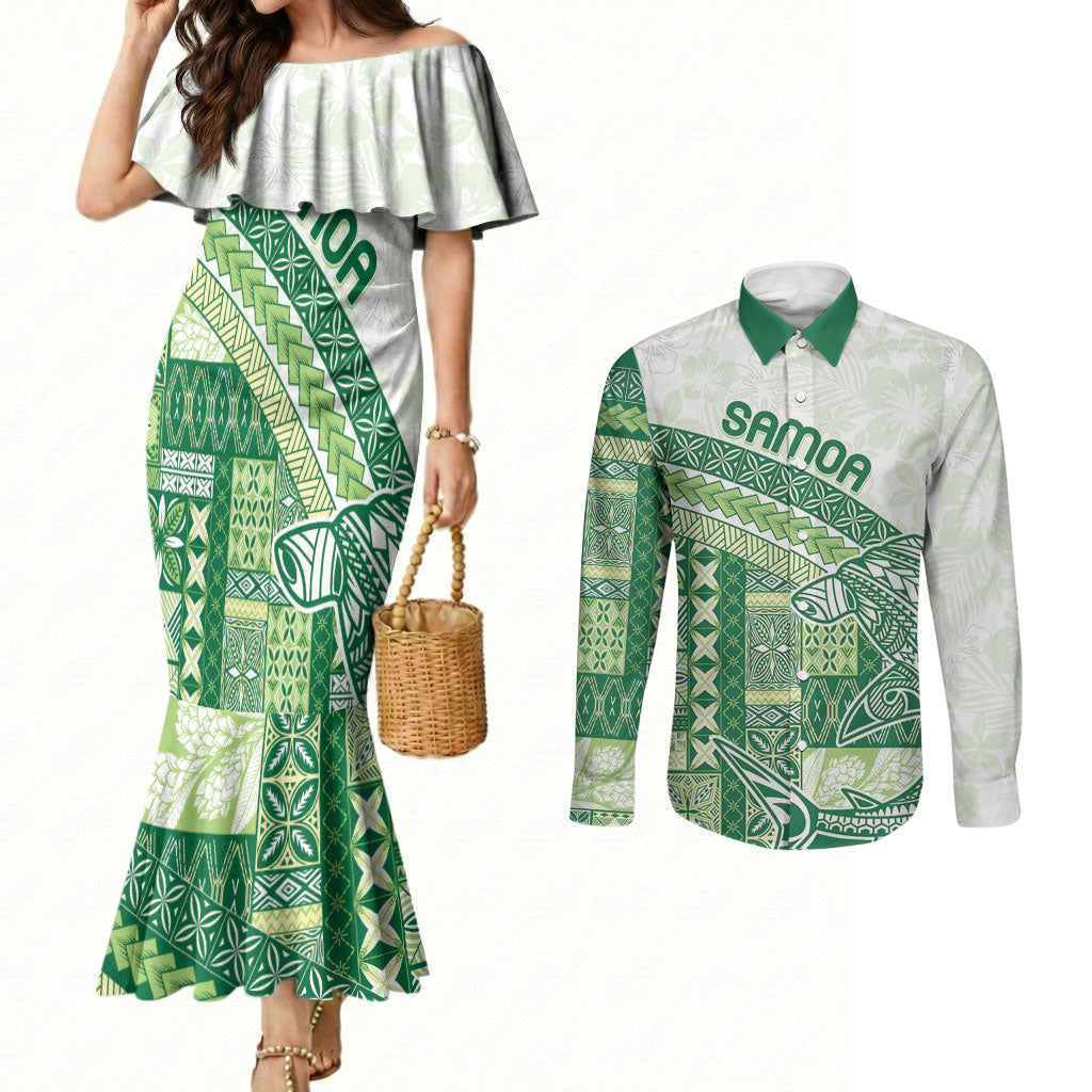 Samoa Mamanu Siapo Forest Green Couples Matching Mermaid Dress and Long Sleeve Button Shirt Tatau Malie LT7 Forest Green - Polynesian Pride