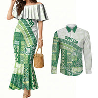 Samoa Mamanu Siapo Forest Green Couples Matching Mermaid Dress and Long Sleeve Button Shirt Tatau Malie LT7 Forest Green - Polynesian Pride