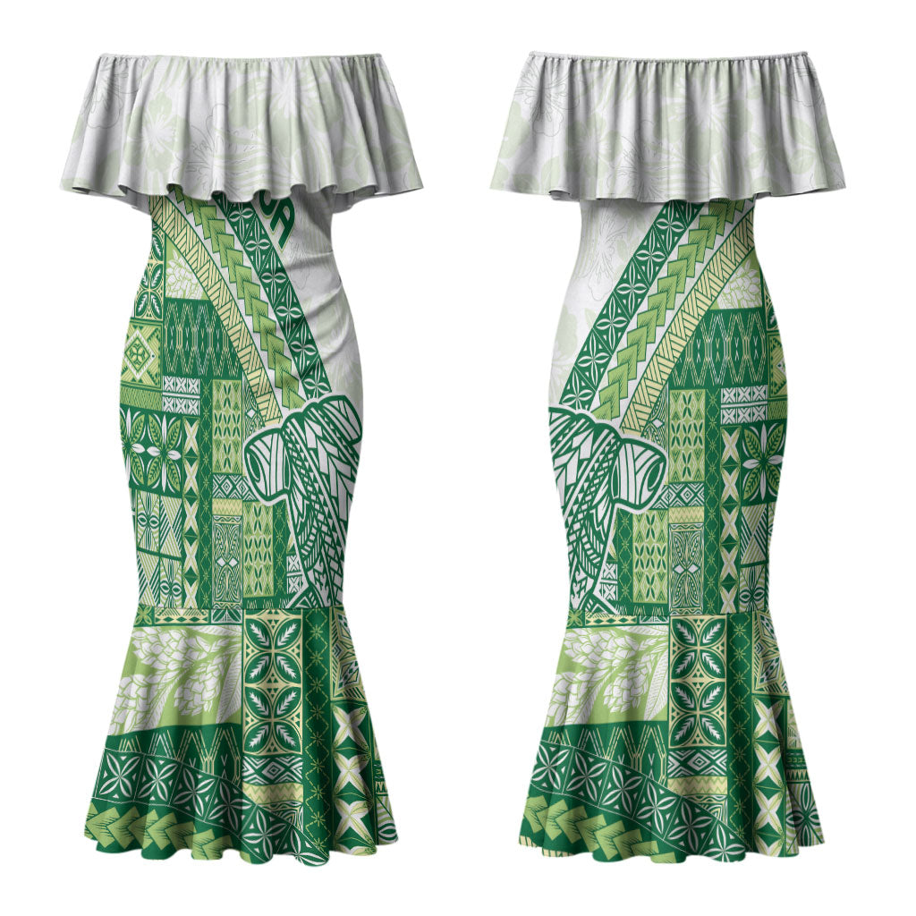 Samoa Mamanu Siapo Forest Green Couples Matching Mermaid Dress and Long Sleeve Button Shirt Tatau Malie LT7 - Polynesian Pride