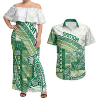 Samoa Mamanu Siapo Forest Green Couples Matching Off Shoulder Maxi Dress and Hawaiian Shirt Tatau Malie LT7 Forest Green - Polynesian Pride