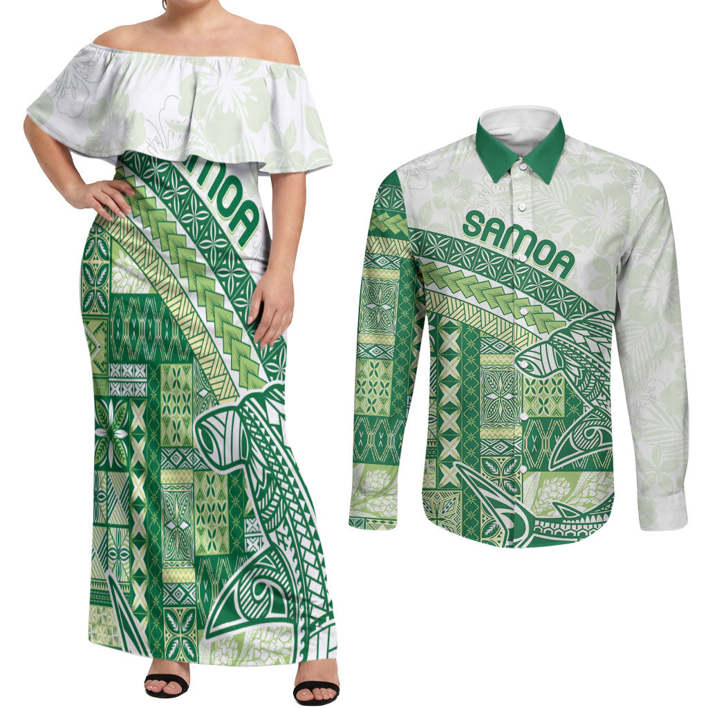 Samoa Mamanu Siapo Forest Green Couples Matching Off Shoulder Maxi Dress and Long Sleeve Button Shirt Tatau Malie LT7 Forest Green - Polynesian Pride