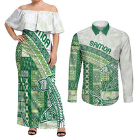 Samoa Mamanu Siapo Forest Green Couples Matching Off Shoulder Maxi Dress and Long Sleeve Button Shirt Tatau Malie LT7 Forest Green - Polynesian Pride