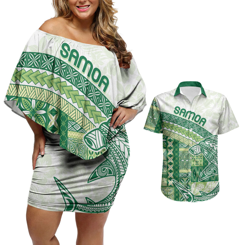 Samoa Mamanu Siapo Forest Green Couples Matching Off Shoulder Short Dress and Hawaiian Shirt Tatau Malie LT7 Forest Green - Polynesian Pride