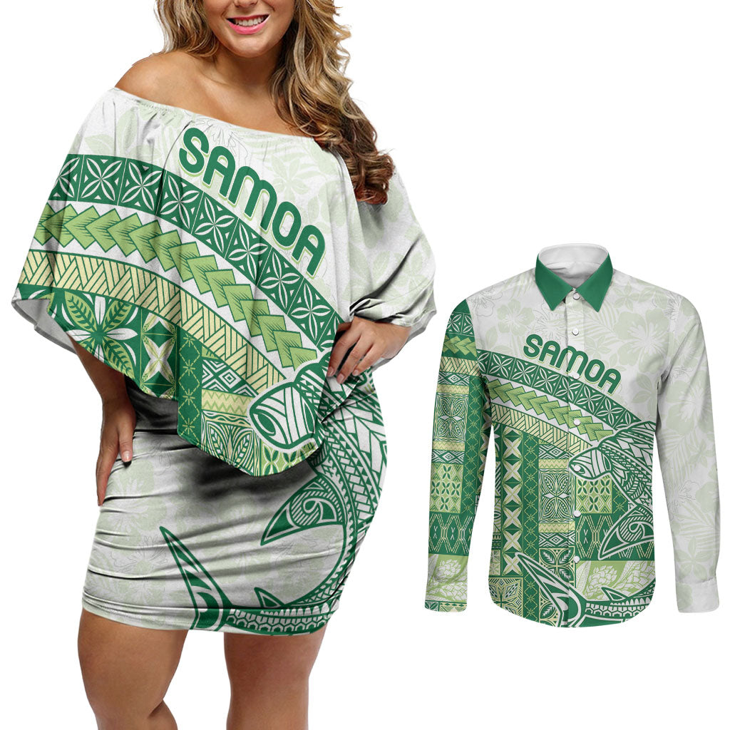 Samoa Mamanu Siapo Forest Green Couples Matching Off Shoulder Short Dress and Long Sleeve Button Shirt Tatau Malie LT7 Forest Green - Polynesian Pride