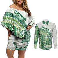 Samoa Mamanu Siapo Forest Green Couples Matching Off Shoulder Short Dress and Long Sleeve Button Shirt Tatau Malie LT7 Forest Green - Polynesian Pride
