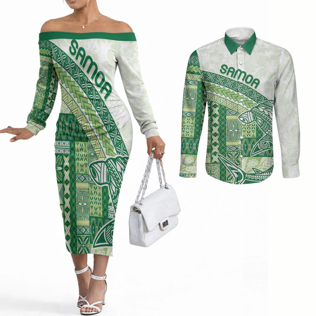 Samoa Mamanu Siapo Forest Green Couples Matching Off The Shoulder Long Sleeve Dress and Long Sleeve Button Shirt Tatau Malie LT7 Forest Green - Polynesian Pride