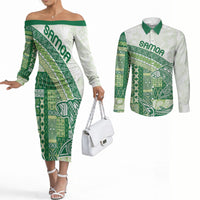 Samoa Mamanu Siapo Forest Green Couples Matching Off The Shoulder Long Sleeve Dress and Long Sleeve Button Shirt Tatau Malie LT7 Forest Green - Polynesian Pride