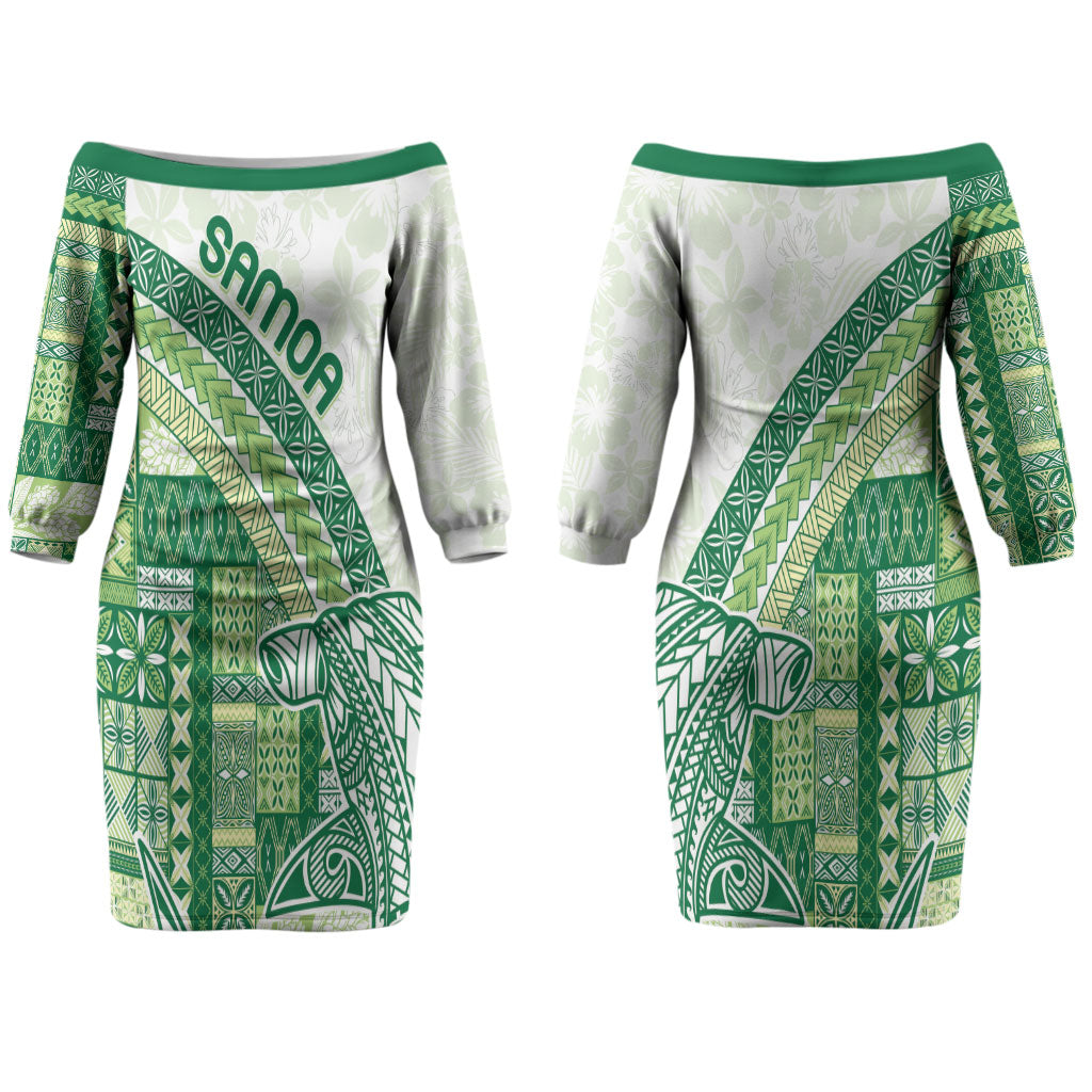 Samoa Mamanu Siapo Forest Green Couples Matching Off The Shoulder Long Sleeve Dress and Long Sleeve Button Shirt Tatau Malie LT7 - Polynesian Pride