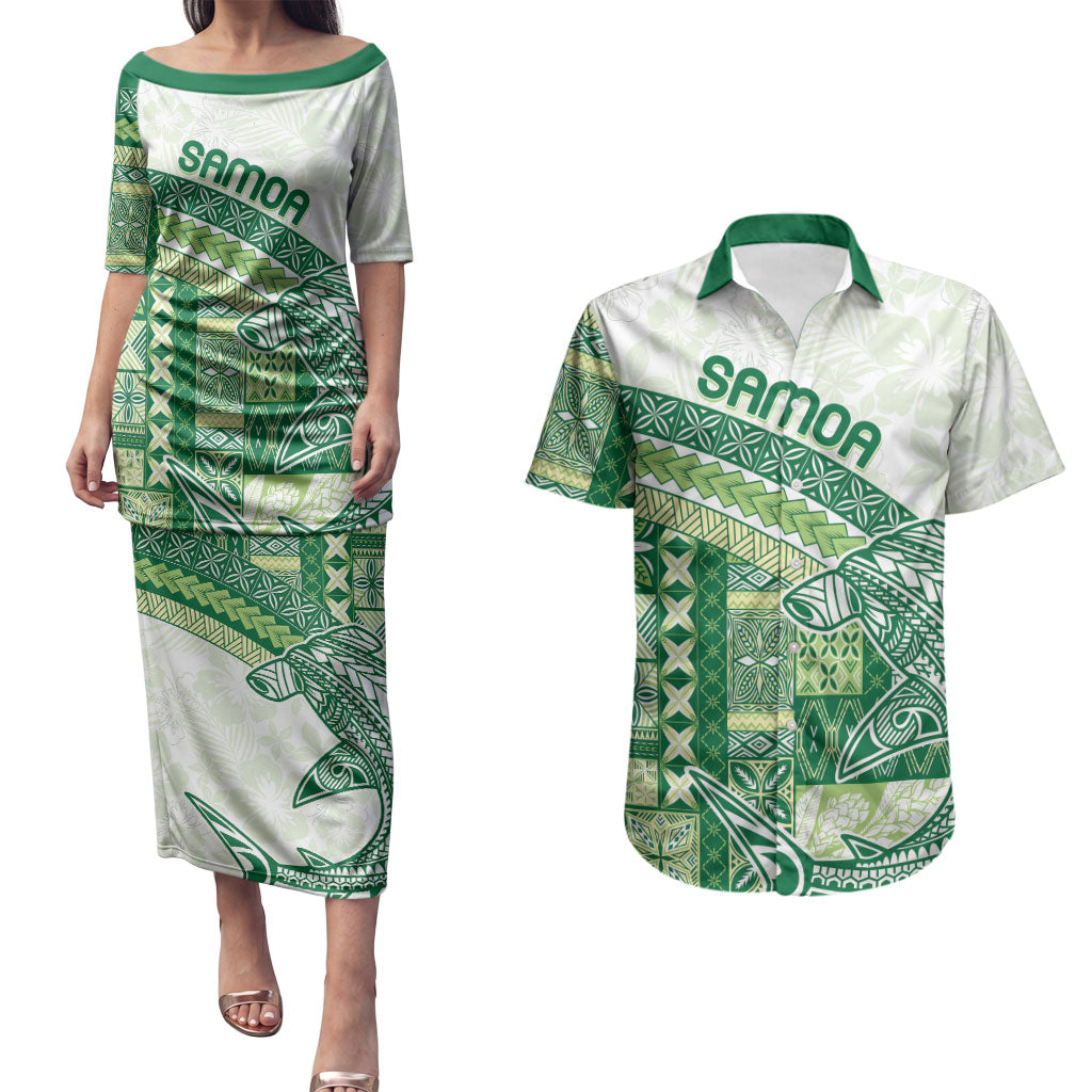 Samoa Mamanu Siapo Forest Green Couples Matching Puletasi and Hawaiian Shirt Tatau Malie LT7 Forest Green - Polynesian Pride