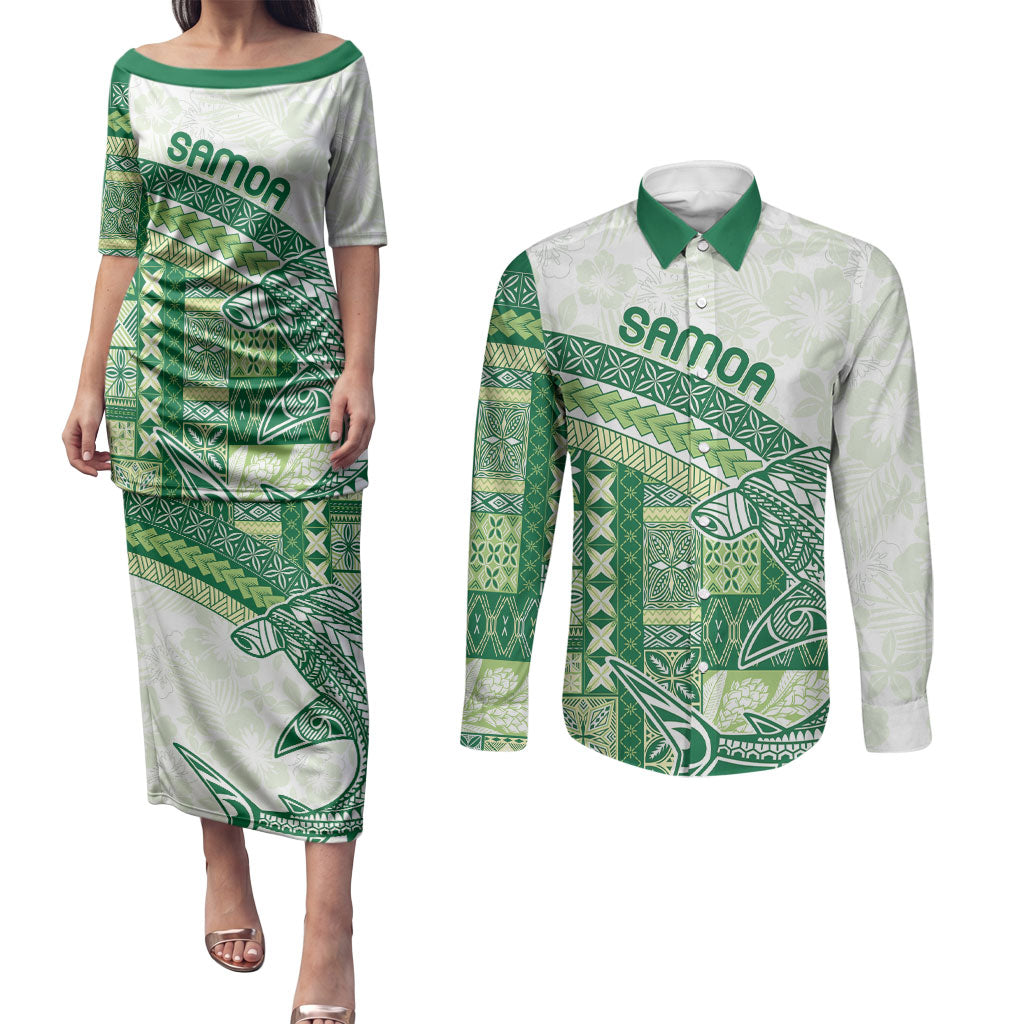 Samoa Mamanu Siapo Forest Green Couples Matching Puletasi and Long Sleeve Button Shirt Tatau Malie LT7 Forest Green - Polynesian Pride