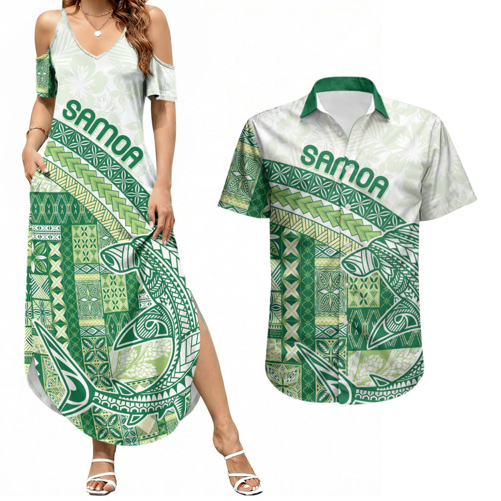 Samoa Mamanu Siapo Forest Green Couples Matching Summer Maxi Dress and Hawaiian Shirt Tatau Malie LT7 Forest Green - Polynesian Pride
