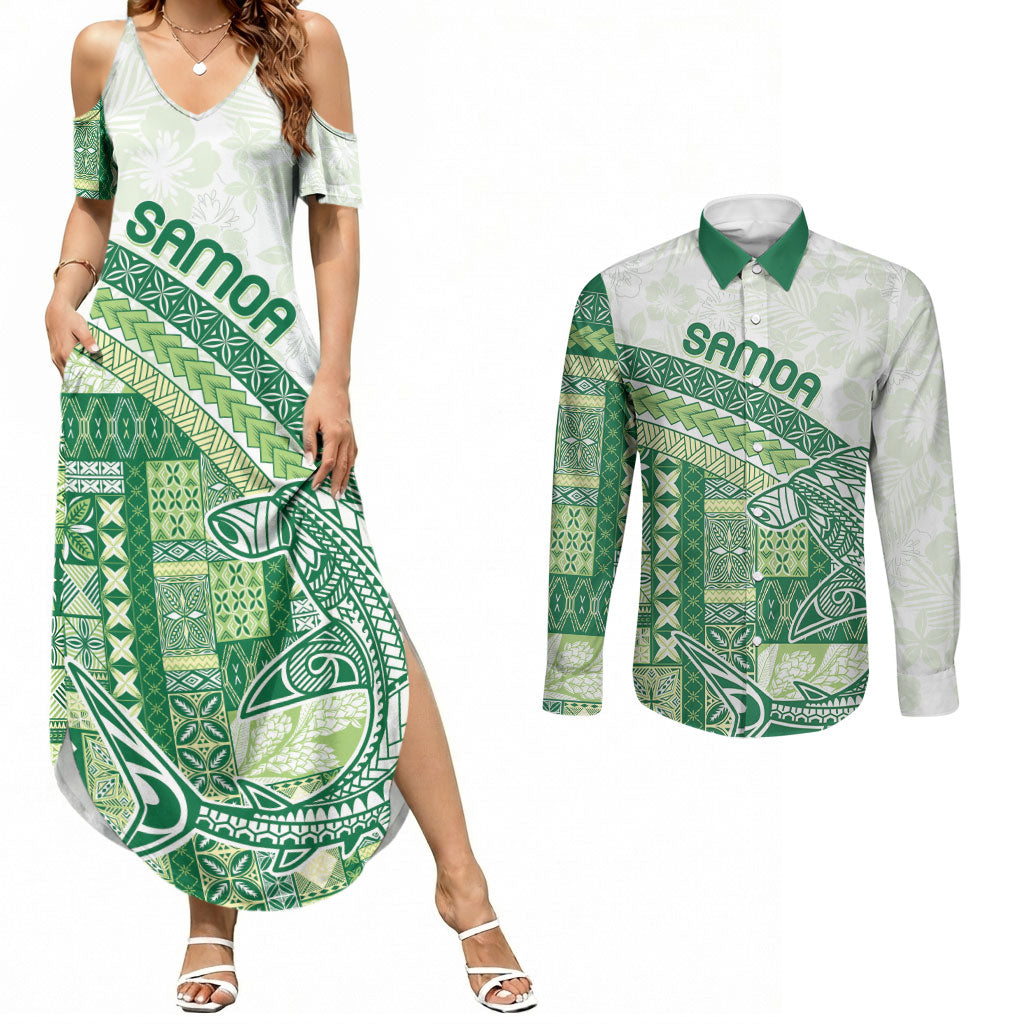 Samoa Mamanu Siapo Forest Green Couples Matching Summer Maxi Dress and Long Sleeve Button Shirt Tatau Malie LT7 Forest Green - Polynesian Pride