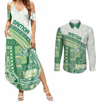 Samoa Mamanu Siapo Forest Green Couples Matching Summer Maxi Dress and Long Sleeve Button Shirt Tatau Malie LT7 Forest Green - Polynesian Pride