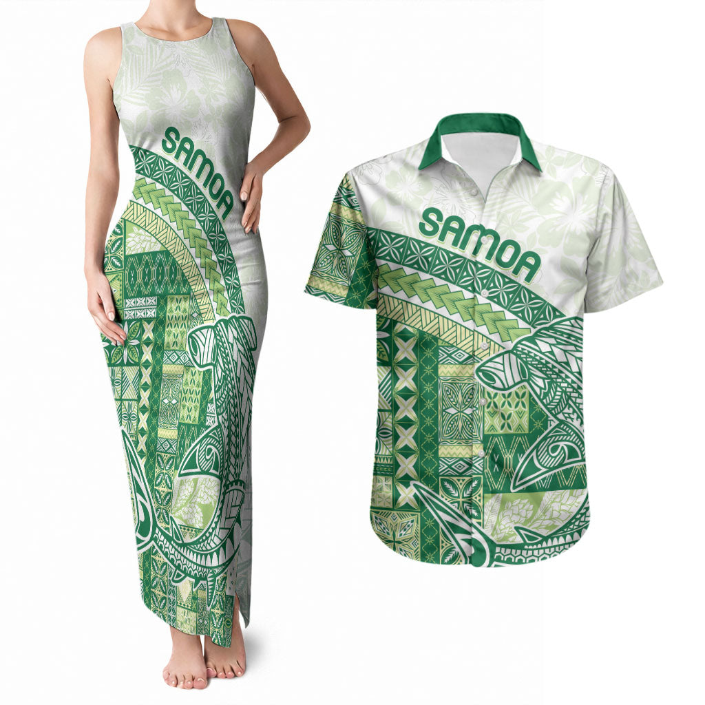 Samoa Mamanu Siapo Forest Green Couples Matching Tank Maxi Dress and Hawaiian Shirt Tatau Malie LT7 Forest Green - Polynesian Pride