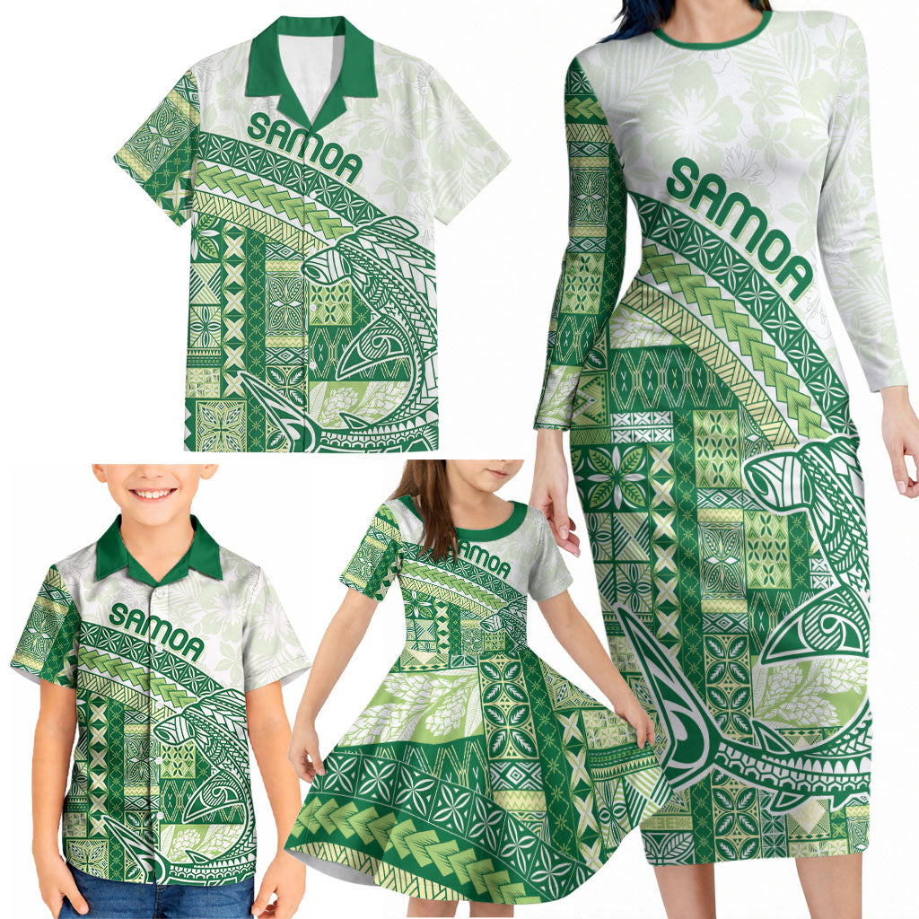 Samoa Mamanu Siapo Forest Green Family Matching Long Sleeve Bodycon Dress and Hawaiian Shirt Tatau Malie LT7 - Polynesian Pride