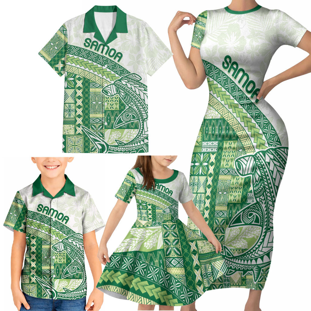 Samoa Mamanu Siapo Forest Green Family Matching Short Sleeve Bodycon Dress and Hawaiian Shirt Tatau Malie LT7 - Polynesian Pride